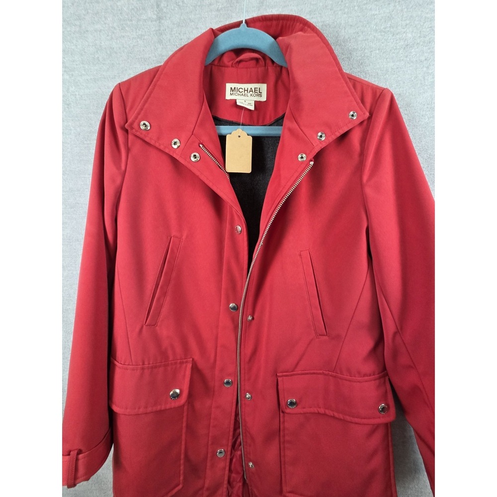 Michael Kors Trench Coat Rain Jacket S Red Long Quilted Lining Full Zip Career